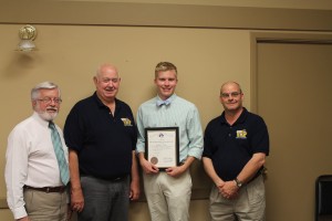 Exalted Ruler Dennis DeWild, Past Exalted Ruler Charles Hall, award recipient Matthew Volker and State President Roger McQueen