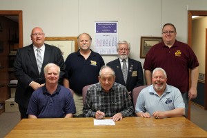 Pictured Front Row from Left: Club Manager Doug McElroy, Mayor Richard Hunt, Chaplain Robert Iske, Back Row from Left:  Loyal Knight Matt Livingston, Grand Lodge Esquire designate Ken Swank, Exalted Ruler Dennis DeWild and Mike Kirsch.