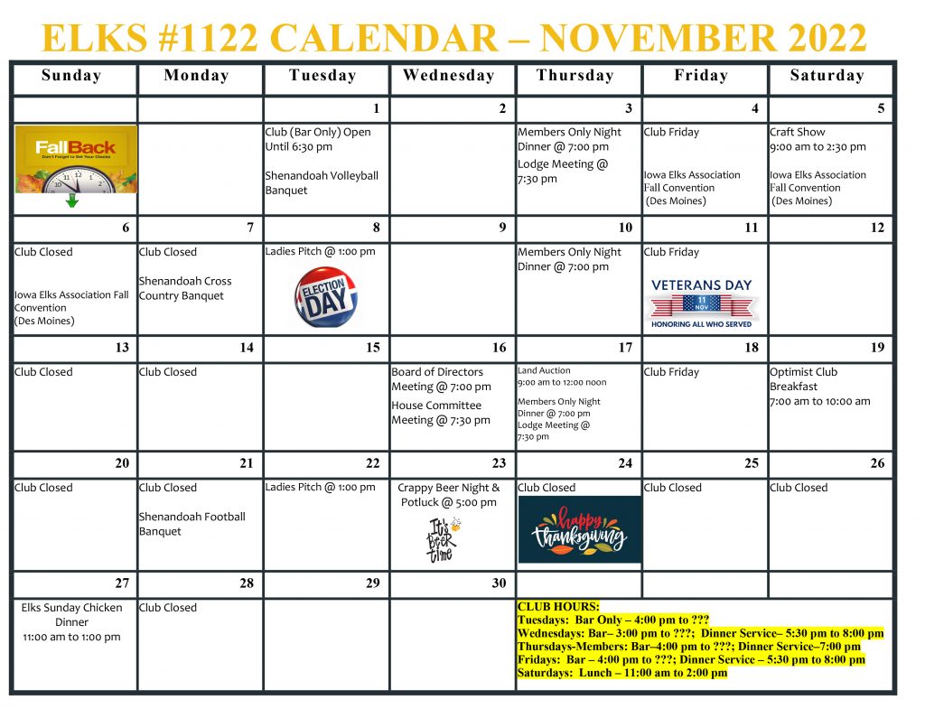 November 2022 Lodge Calendar Shenandoah Elks Lodge 1122